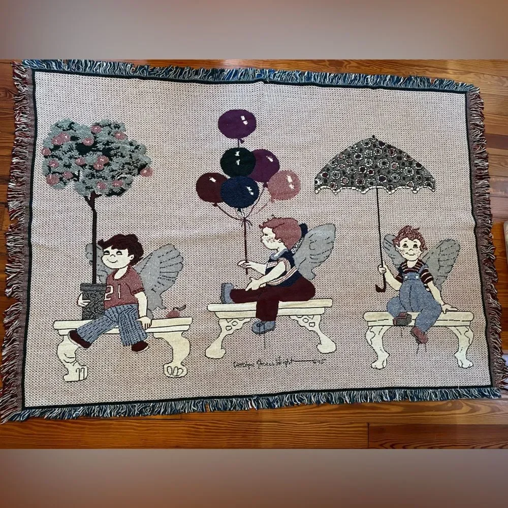 Carolyn Shores Wright Children Angels Throw Blanket Afghan Tapestry Approx 48X66